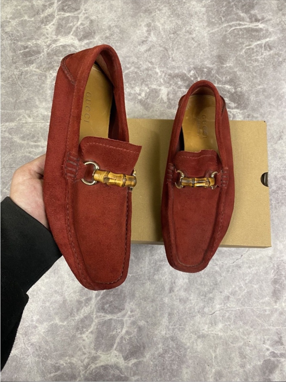 Gucci horsebit Burgundy Suede Bamboo Loafers